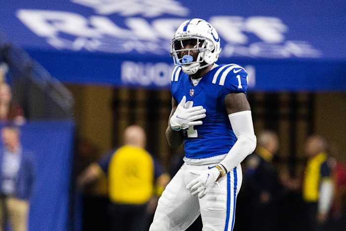 Oct 30, 2022; Indianapolis, Indiana, USA; Indianapolis Colts wide receiver Parris Campbell (1) celebrates his long run in the second quarter against the Washington Commanders at Lucas Oil Stadium.